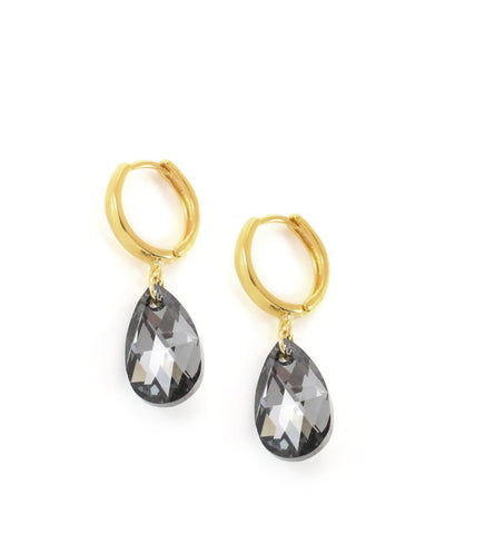 18K gold plated hoop earrings with "Black Silver Night" Swarovski crystal drops.