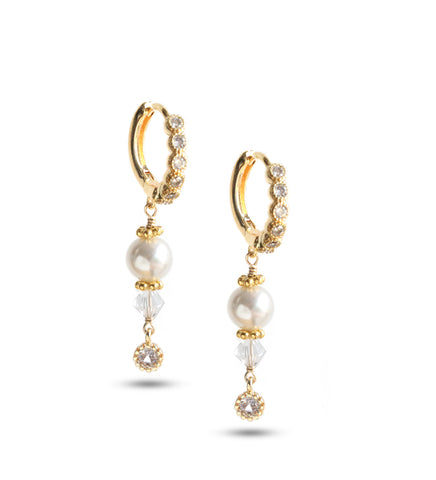 18K gold plated crystal embellished hoop earrings with sparkling white pearls and clear crystals.