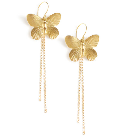Stylish long-length 18K gold plated statement butterfly earrings.