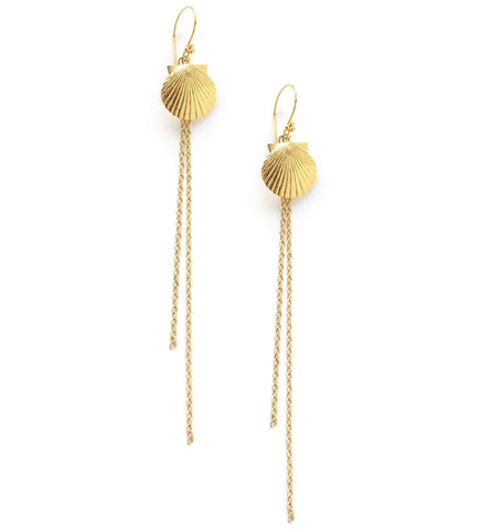 Long-length 18K gold plated seashell dangle earrings.