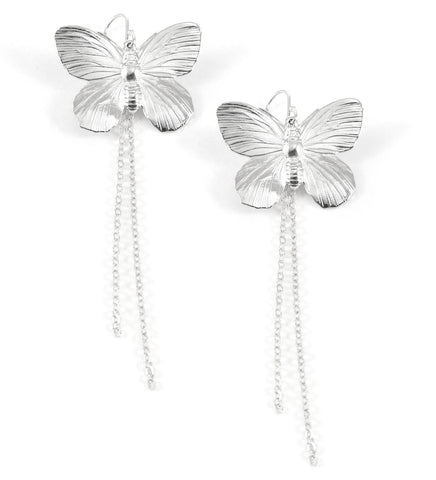 long-length rhodium plated butterfly statement earrings