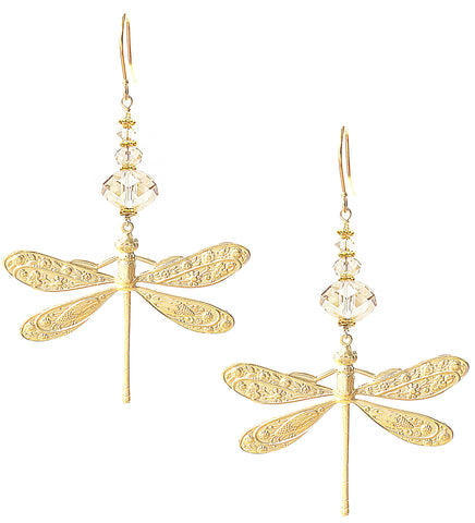 Long-length 18K gold plated dragonfly statement earrings with Golden Shadow Swarovski crystals.