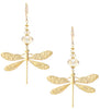 Long-length 18K gold plated dragonfly statement earrings with Golden Shadow Swarovski crystals.