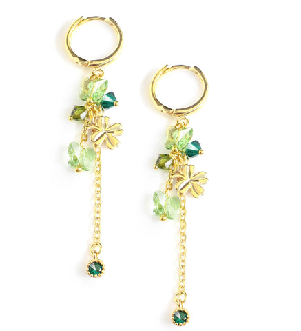 18K gold plated hoop earrings with Peridot green Austrian butterflies, Emerald charms and clovers.
