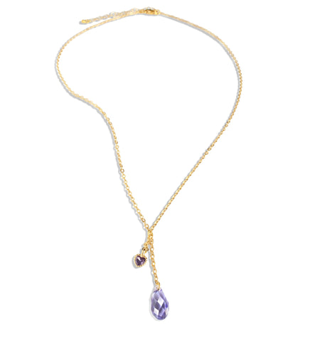 18K gold plated Y-necklace with heart charm and Tanzanite Swarovski crystal drop