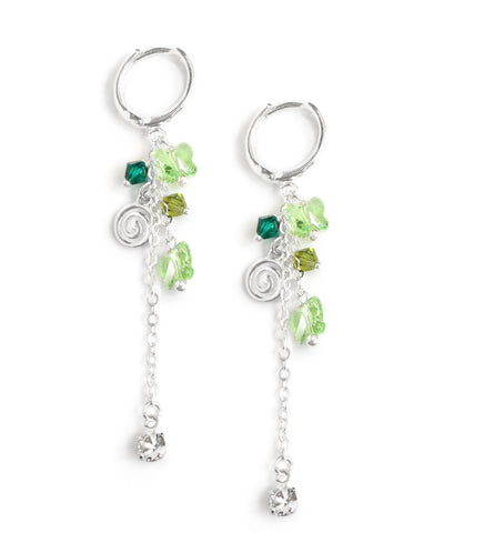 Silver hoop earrings with Peridot Green Swarovski butterflies and olive/emerald crystals