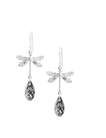 Silver dragonfly earrings with black diamond Swarovski crystals