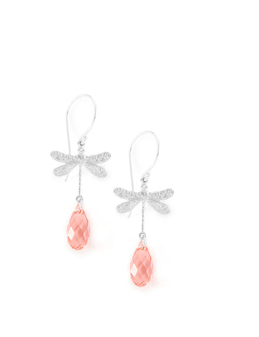 Silver dragonfly earrings with rose peach Swarovski crystals