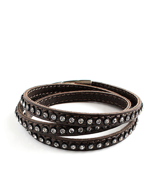 Dark Brown triple wrap leather bracelet with Swarovski crystals