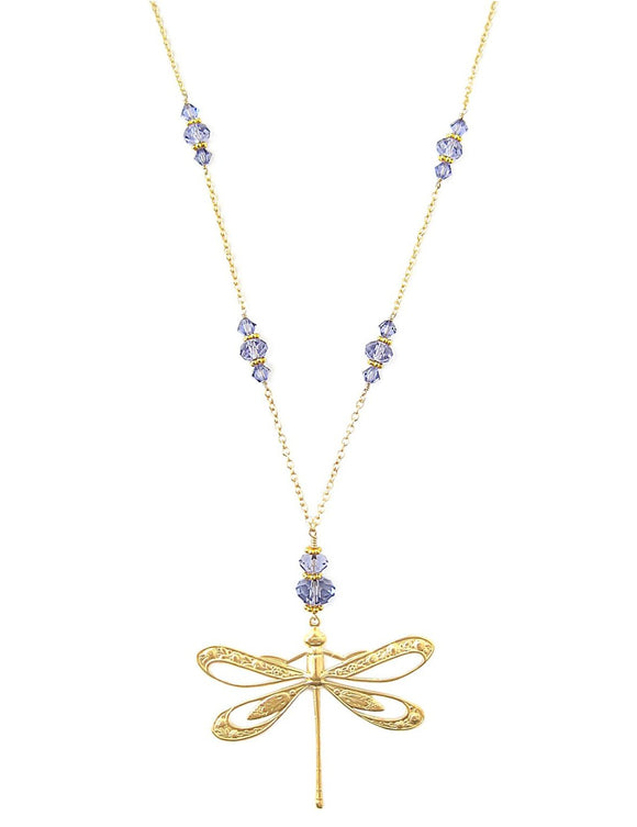 Long gold dragonfly necklace with Tanzanite Swarovski crystals