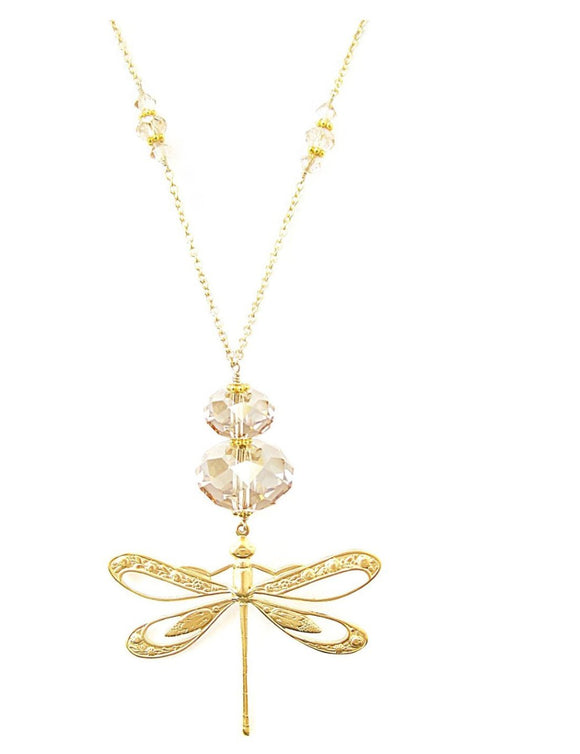 Long gold dragonfly necklace with Golden Shadow Swarovski crystals
