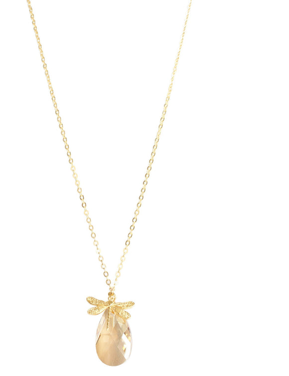 Long gold necklace with dragonfly and Swarovski crystal drop