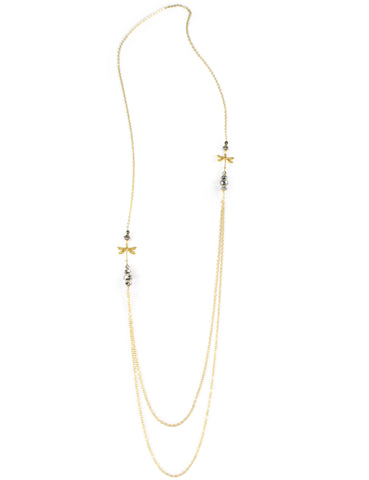 Long gold double chain necklace with black diamond Swarovski crystals