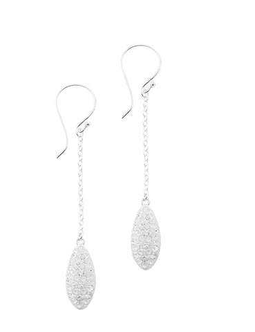 Dige Designs long silver earrings with white Swarovski crystal pavé drops