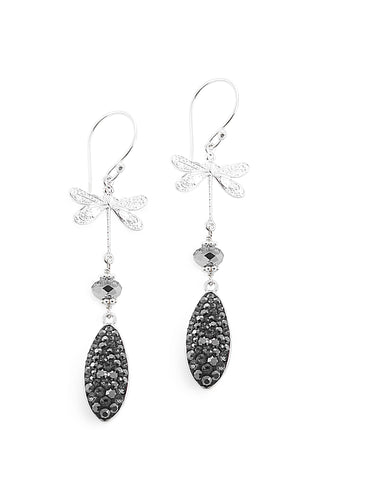 Silver dragonfly earring with black diamond Swarovski pavé drops