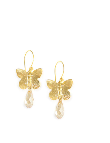 Gold butterfly earrings with golden shadow Austrian crystal drops