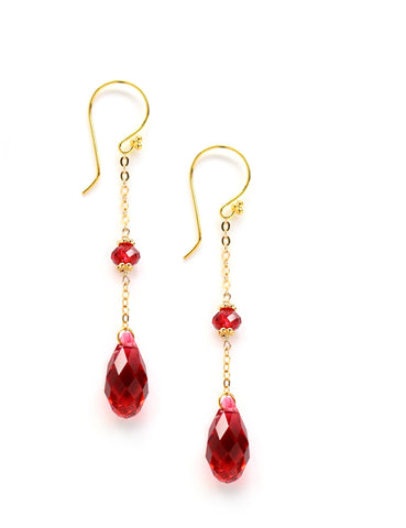 Dige Designs gold earrings with Scarlet Red Swarovski drops