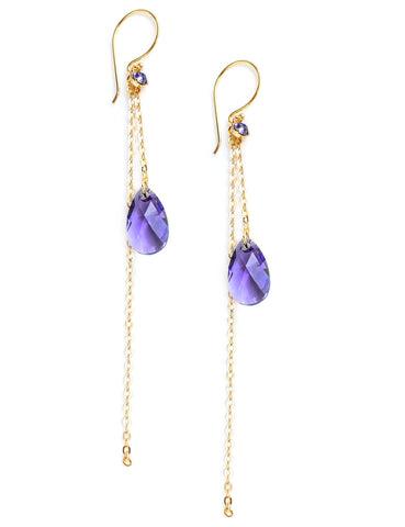 Dige Designs gold earrings with tanzanite Swarovski crystal drops