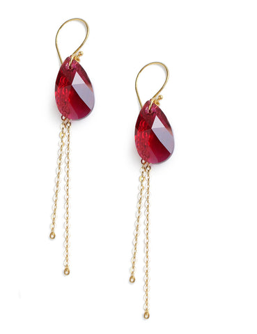 Dige Designs gold earrings with ruby Swarovski drops