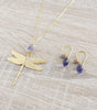 18K gold plated dragonfly necklace and earrings handmade with sparkling Tanzanite Swarovski crystals.